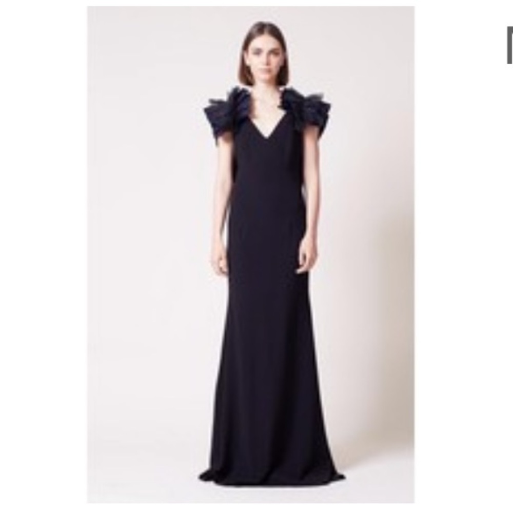 Sachin & Babi mirabella gown, Elegant black ruffle shoulder evening dress